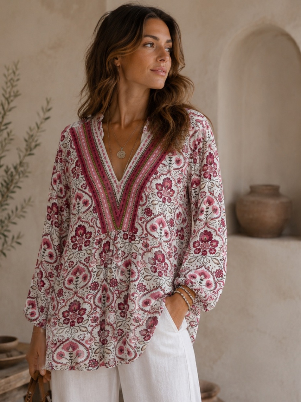 Matilda Jane Floral Boho V Neck Ribbon Trim Tunic Blouse L